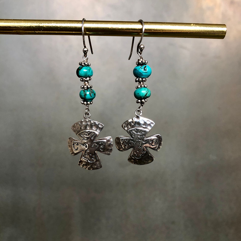 Thumbnail: The dangle turquoise and Silver Cross Earrings by Breathe Deep Designs