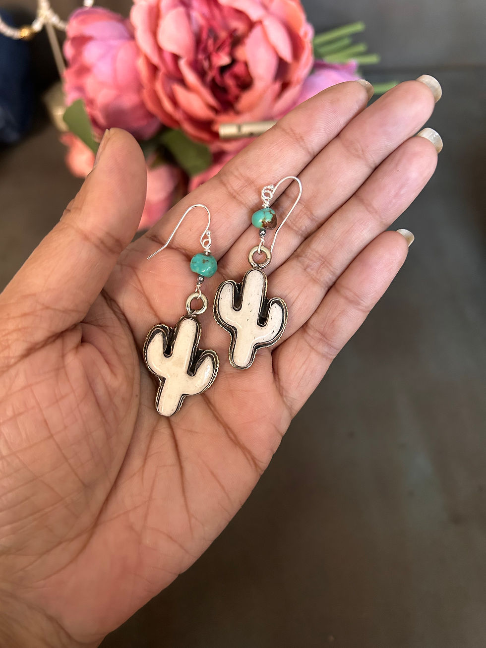 Thumbnail: 2 inch Saguaro cactus earrings with genuine turquoise gemstones