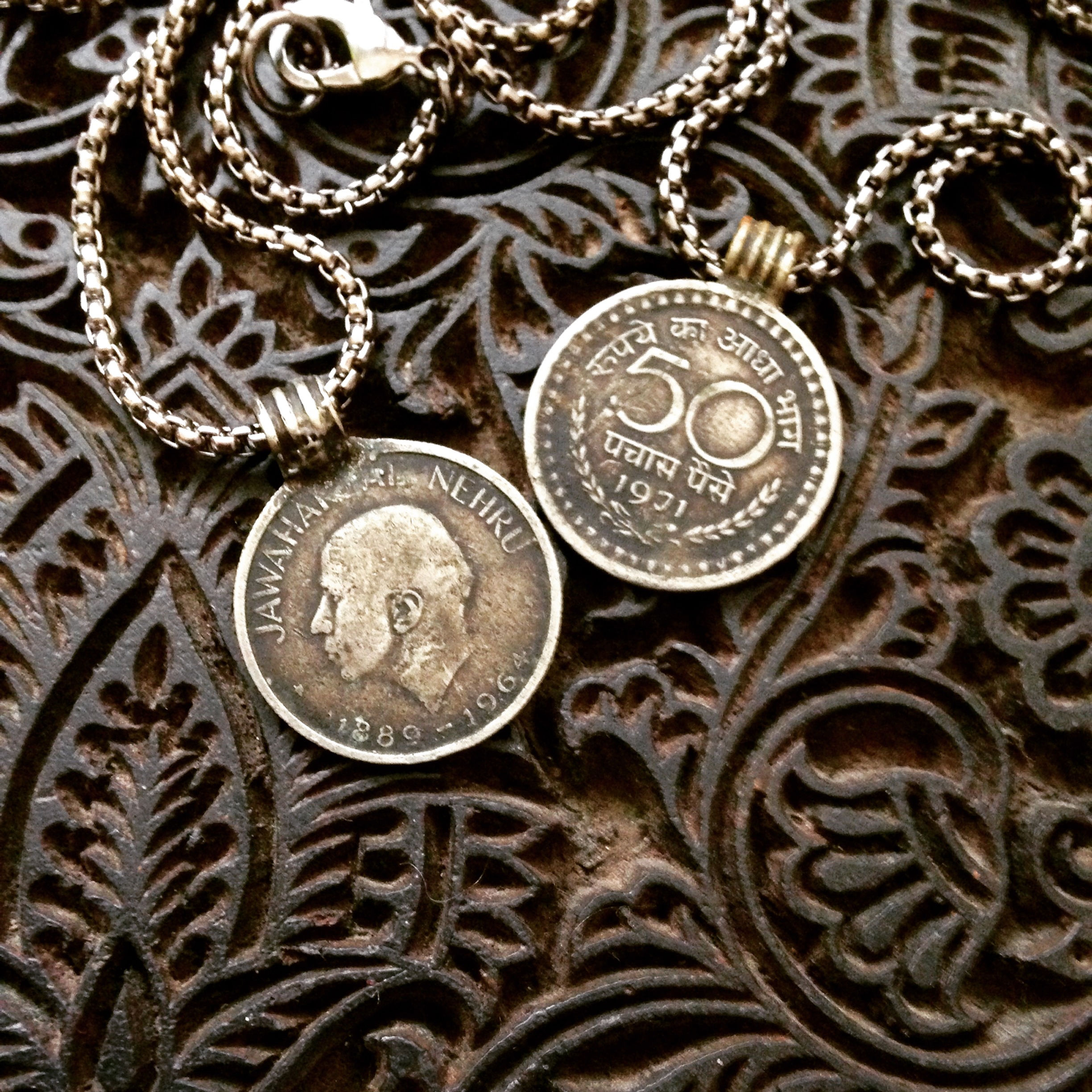 50 Paisa Antique Indian Coin on Gunmetal Necklace