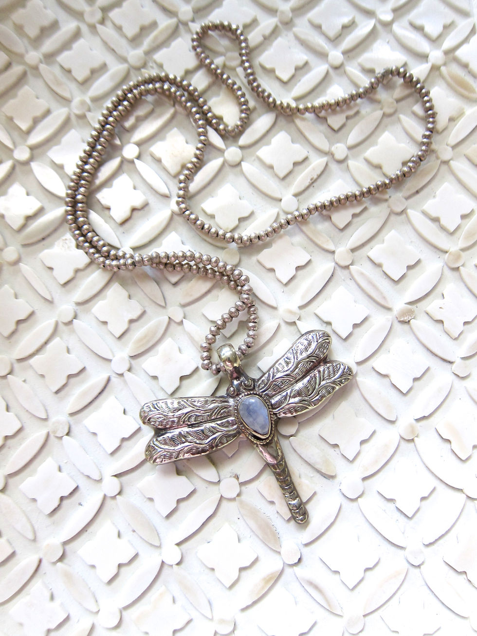 Thumbnail: Single Gemstone Dragonfly Necklace 29 inch white metal strand