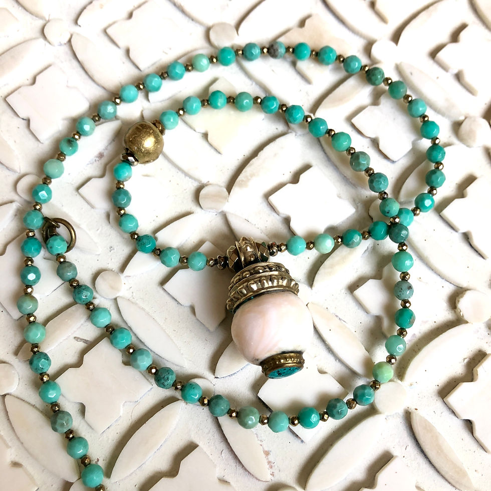 Thumbnail: brass and green opal necklace with shell pendant