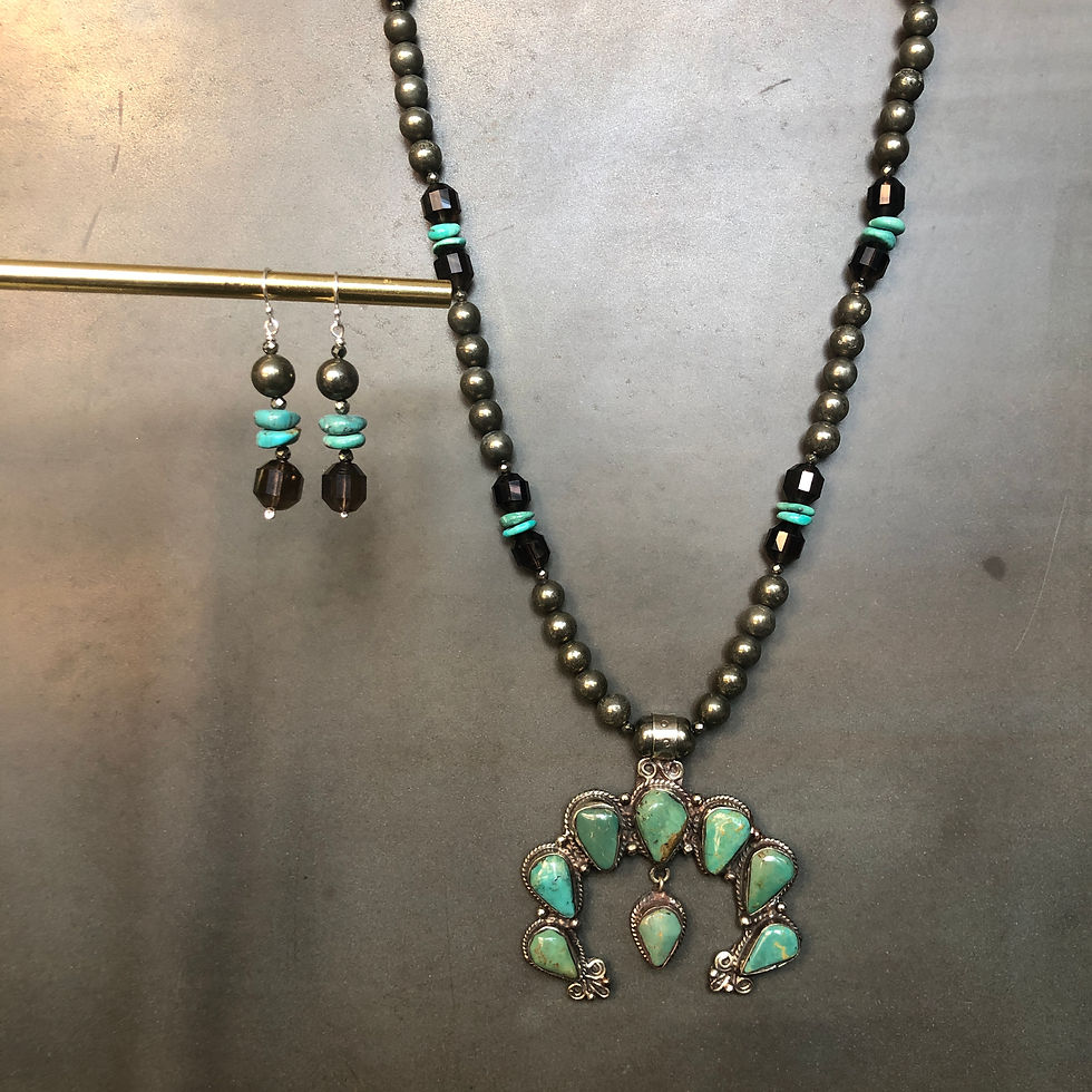Thumbnail: Bohowestern design modern Squash Blossom in Turquoise , silver and pyrite