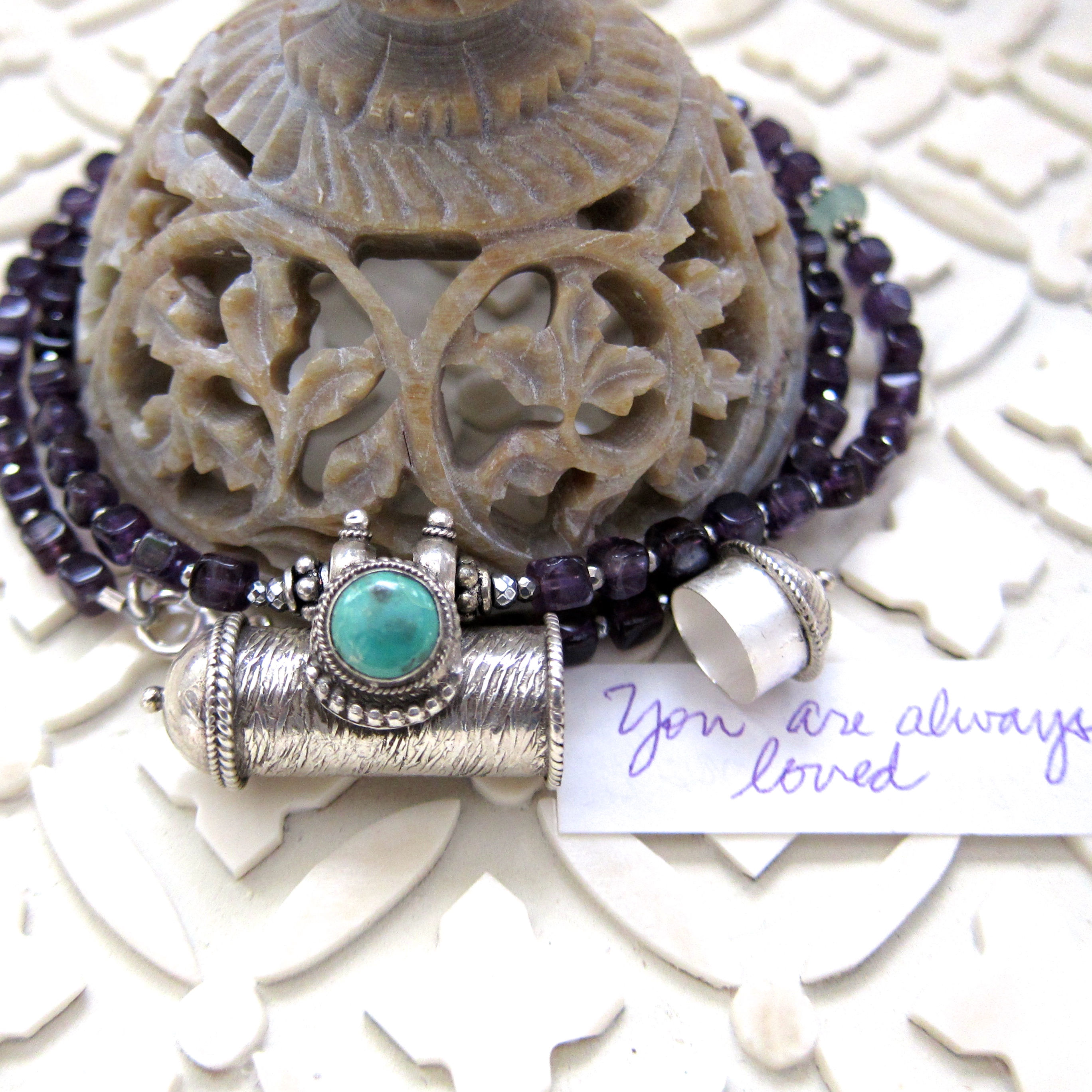 Turquoise sterling silver Mantra Prayer Container Kavach Necklace by Breathe Deep Designs