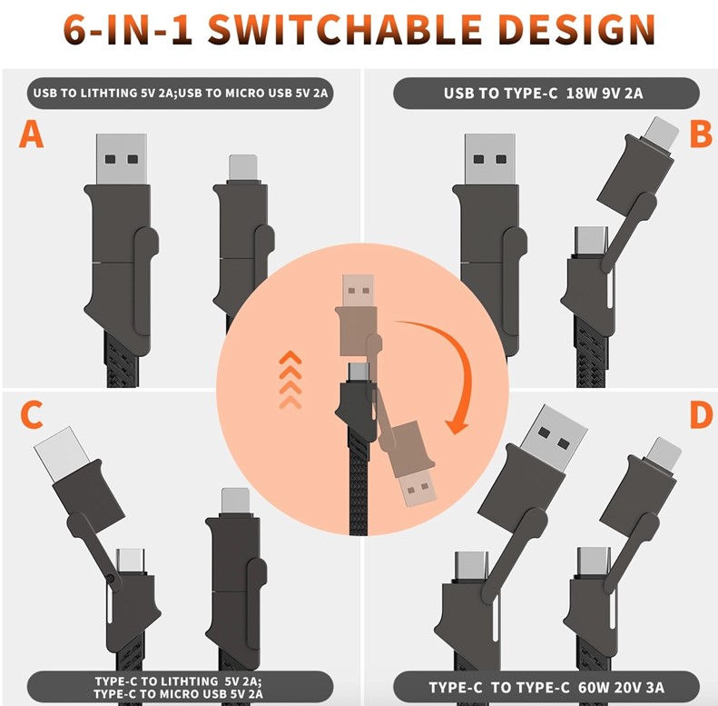 Thumbnail: Six-in-One 60W PD Fast Charging Data Cable, USB/Type-C/Lightning Multi-Charger