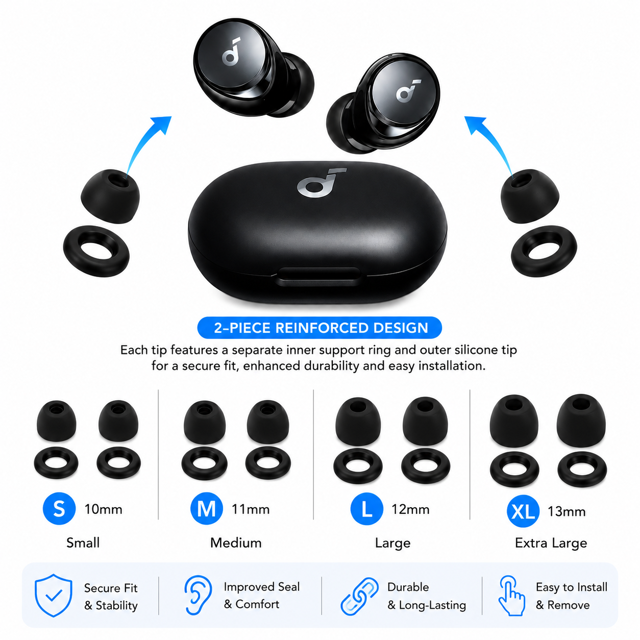 Silicone Ear Tips Set for Anker Soundcore P20i, P30i, P40i, A40 & X20: Black