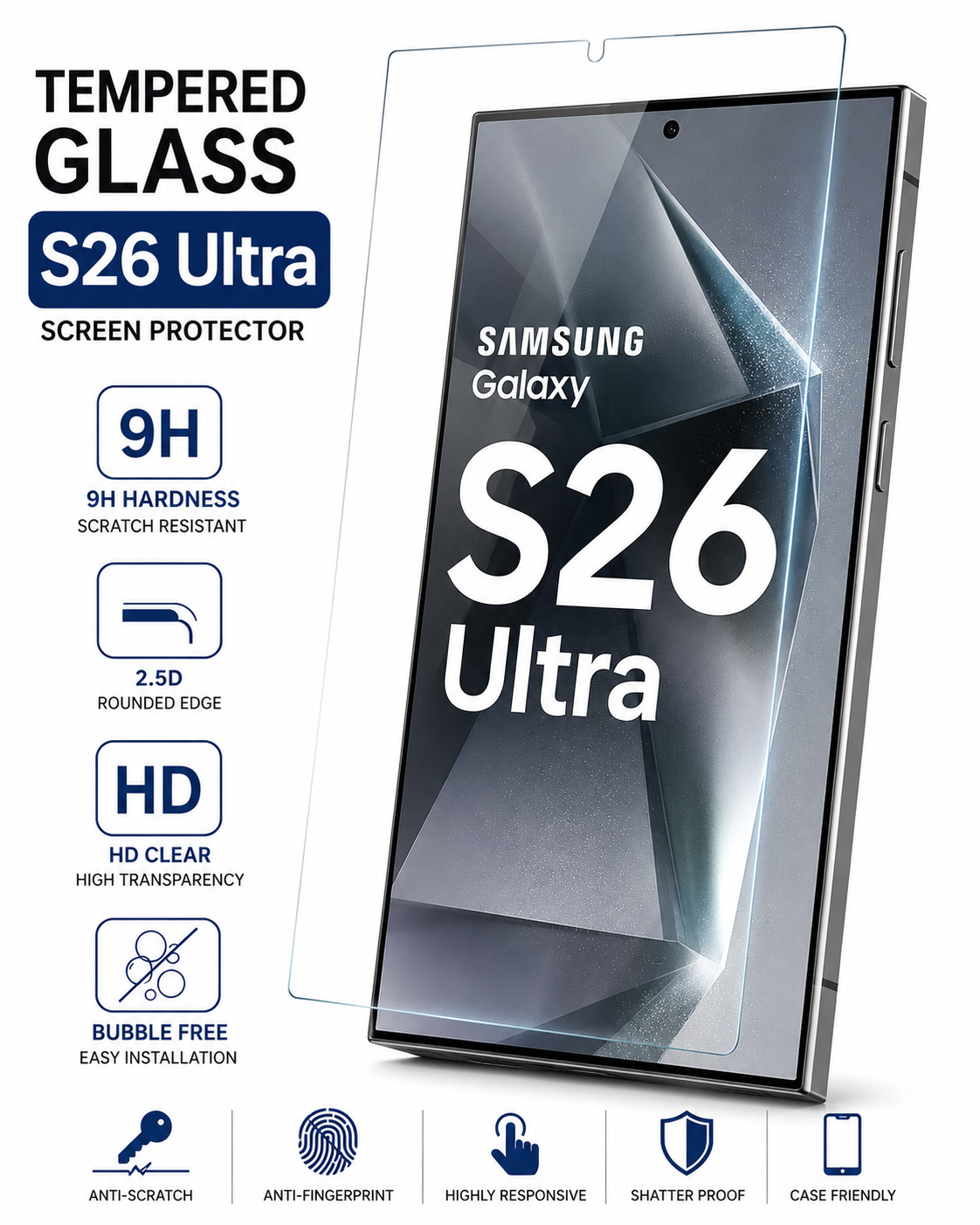 Tempered Glass Screen Protector, 9H 2.5D For Samsung Galaxy S26 Ultra