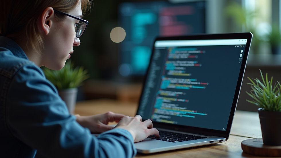 Close-up view of a student coding on a laptop