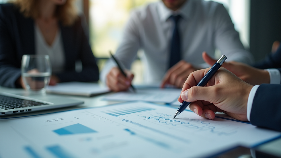 Eye-level view of a business meeting discussing market analysis