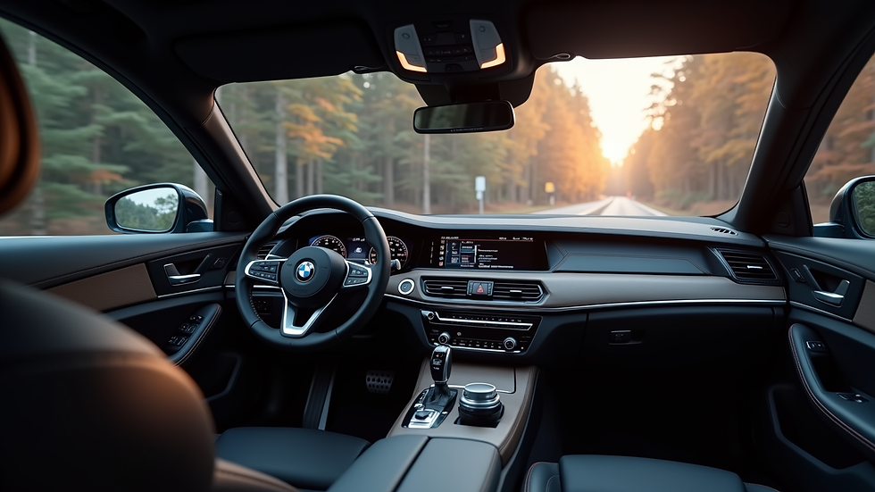 High angle view of a luxury car interior with ambient lighting