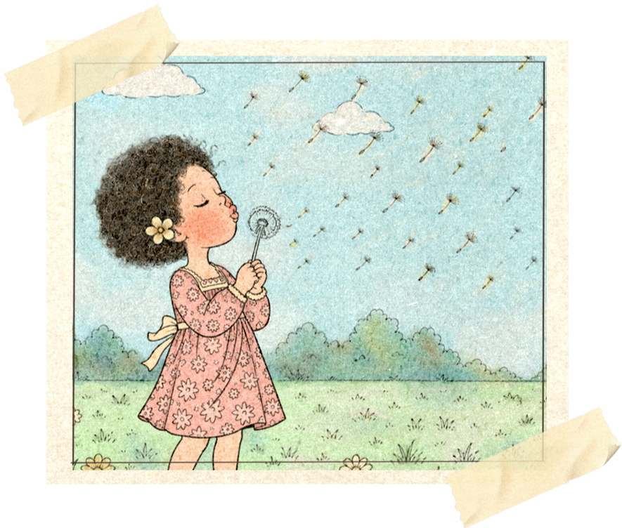Gentle illustrated storytelling scene of a little girl making a wish with a dandelion in a peaceful flower field.