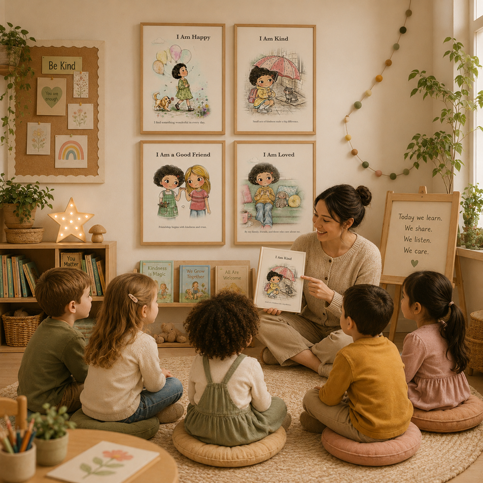 Little Curly affirmation prints displayed in a classroom and learning space.