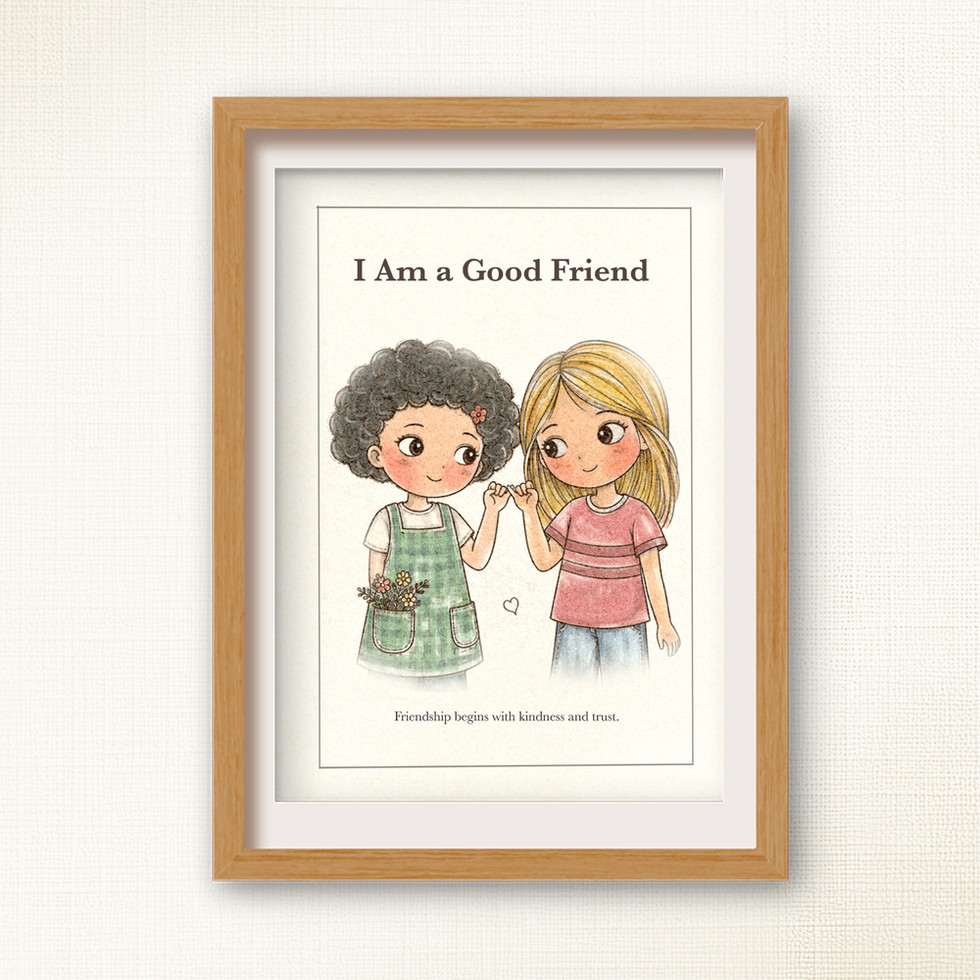 Framed I Am a Good Friend affirmation print displayed in a cozy children's room.