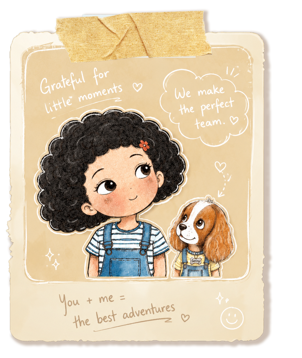 Little Curly and Sonny smiling together in a cosy Polaroid-style hand-drawn watercolour illustration celebrating friendship, little moments and the gentle world of Little Curly.