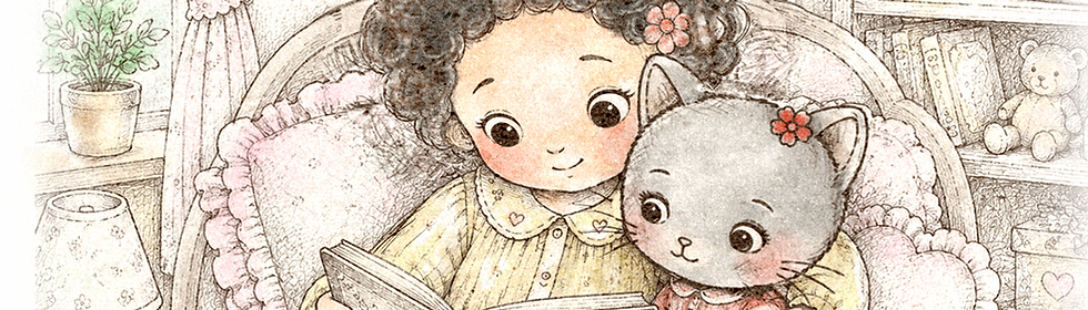 Little Curly and a curious kitten reading together, introducing The Amazing Adventures of Summer and Little Curly — a gentle story about friendship, kindness, and everyday magic.
