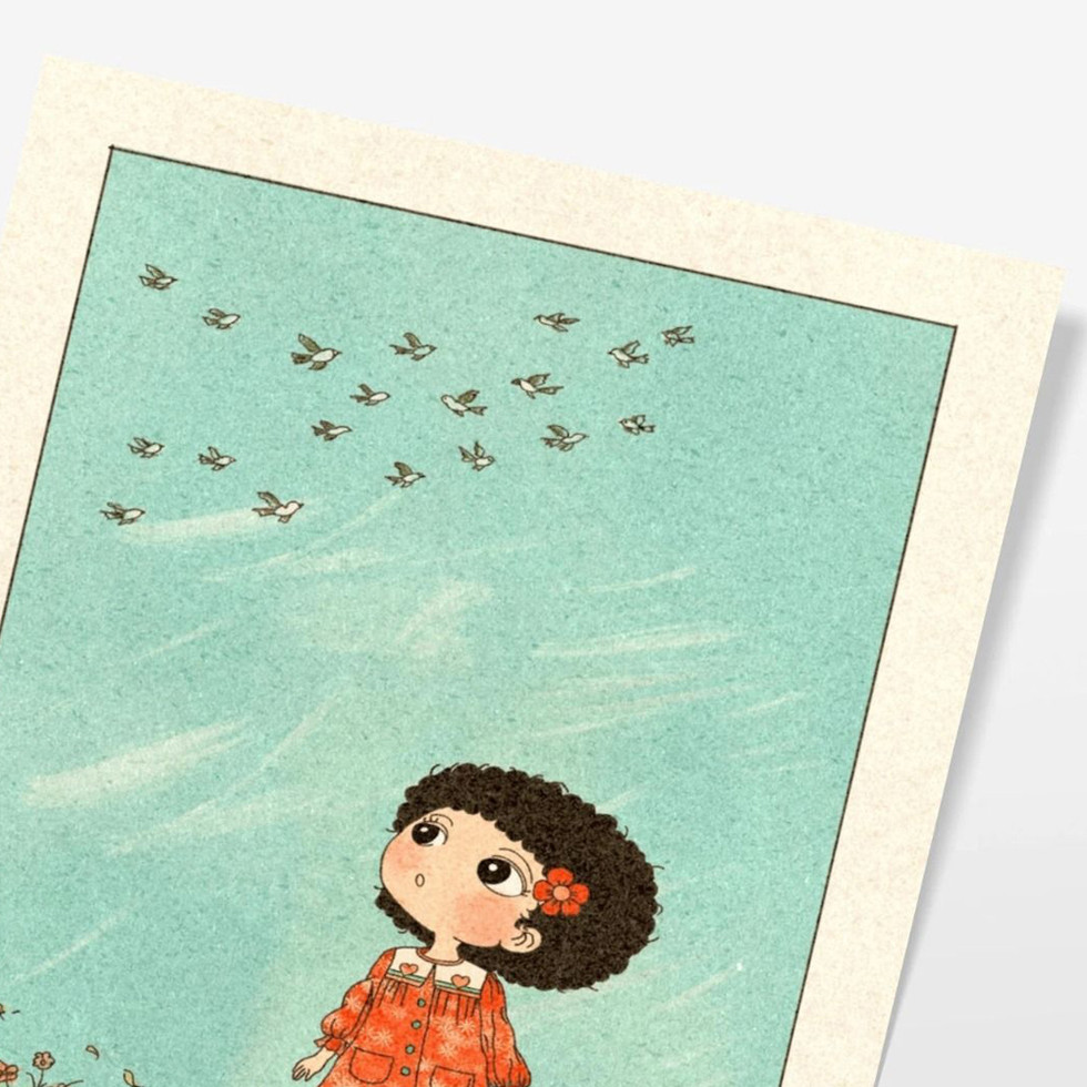 Close-up view of “Welcome Back” illustration print, child in nature with birds in the sky, soft pastel tones and gentle detai