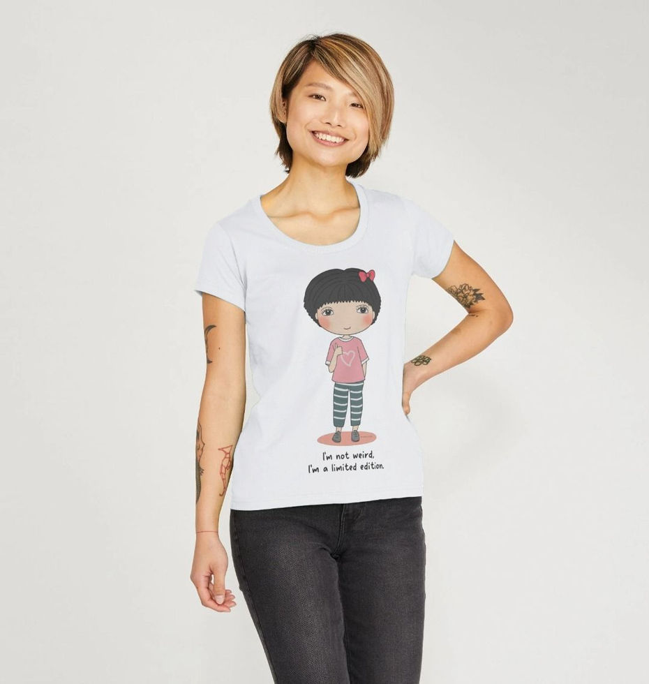 Unleash your uniqueness with "I'm not weird, I'm a limited edition." - Affirmations Scoop Tee for Women from Little Curly.