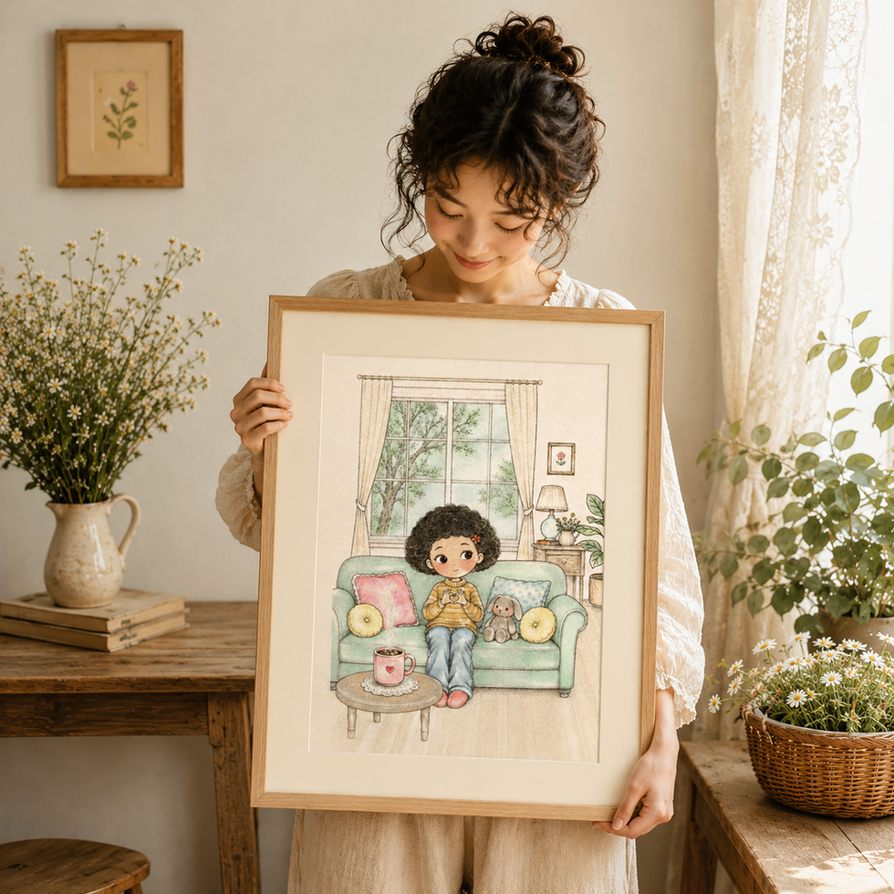 Person holding framed Love Travels Far story print in a cozy home setting.