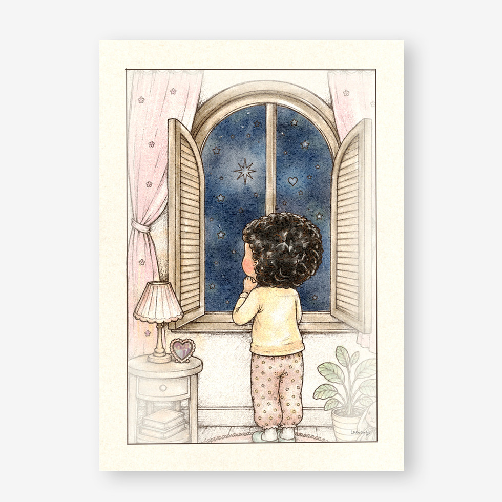 Among the Stars story print in a white frame featuring a peaceful nighttime scene.