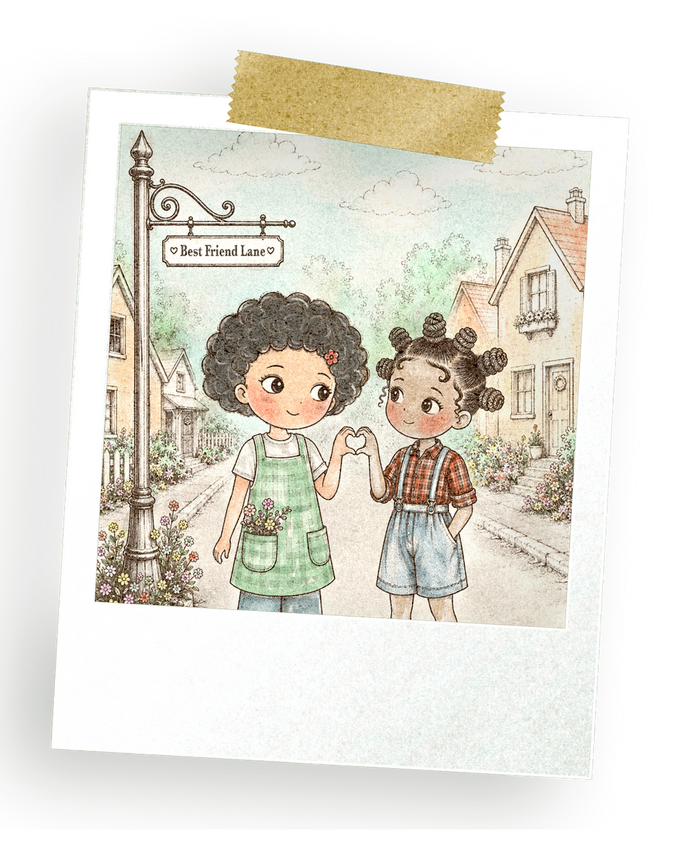 Little Curly and her best friend Grace sharing a pinky promise in Best Friend Lane, a gentle friendship illustration about kindness, childhood, and little moments together.