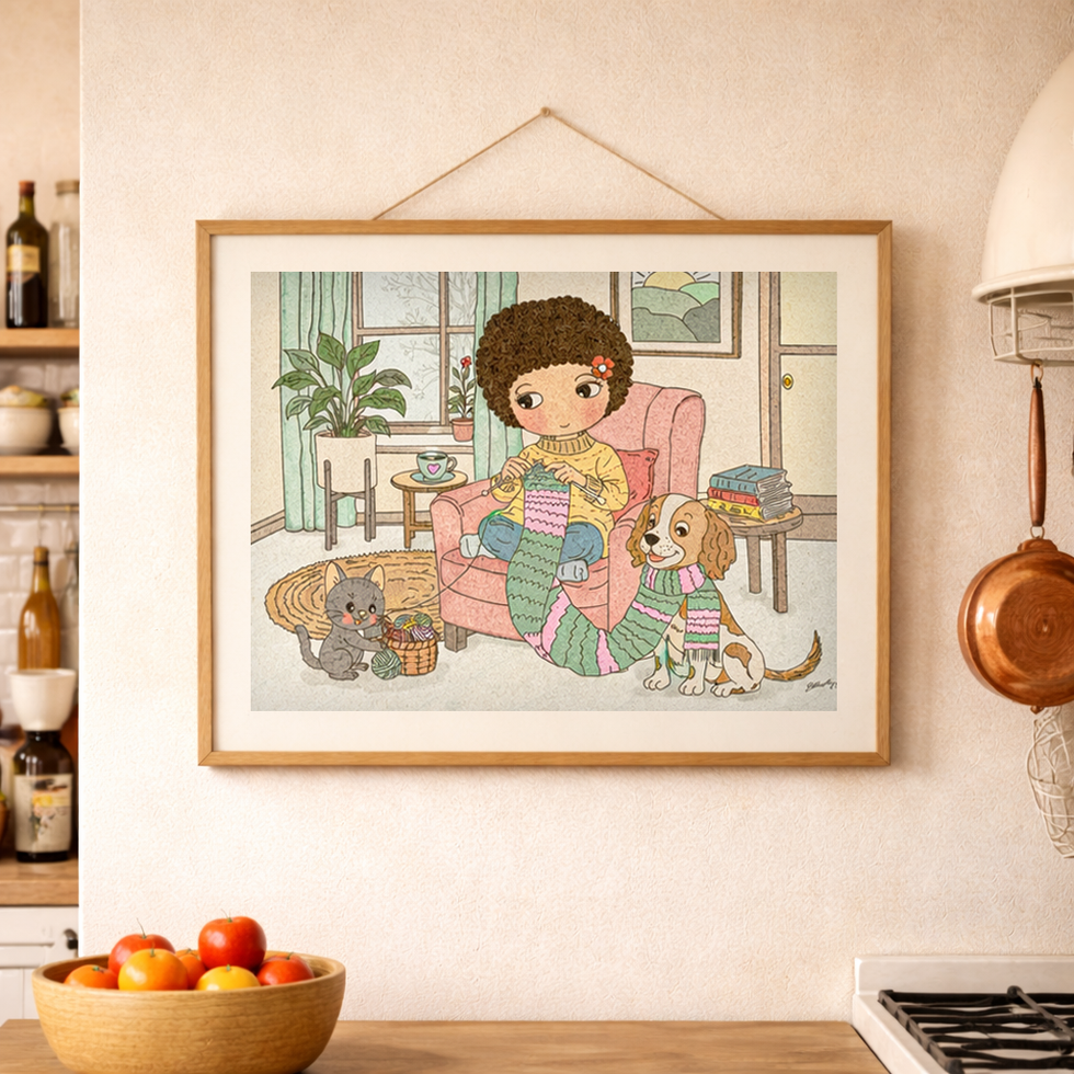 Little Curly “Wrapped in Love” art print displayed in a cozy interior, child knitting with pets, soft warm home decor