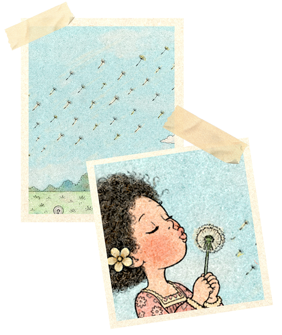 Whimsical illustration of floating dandelion seeds drifting through the sky in a gentle storybook world.