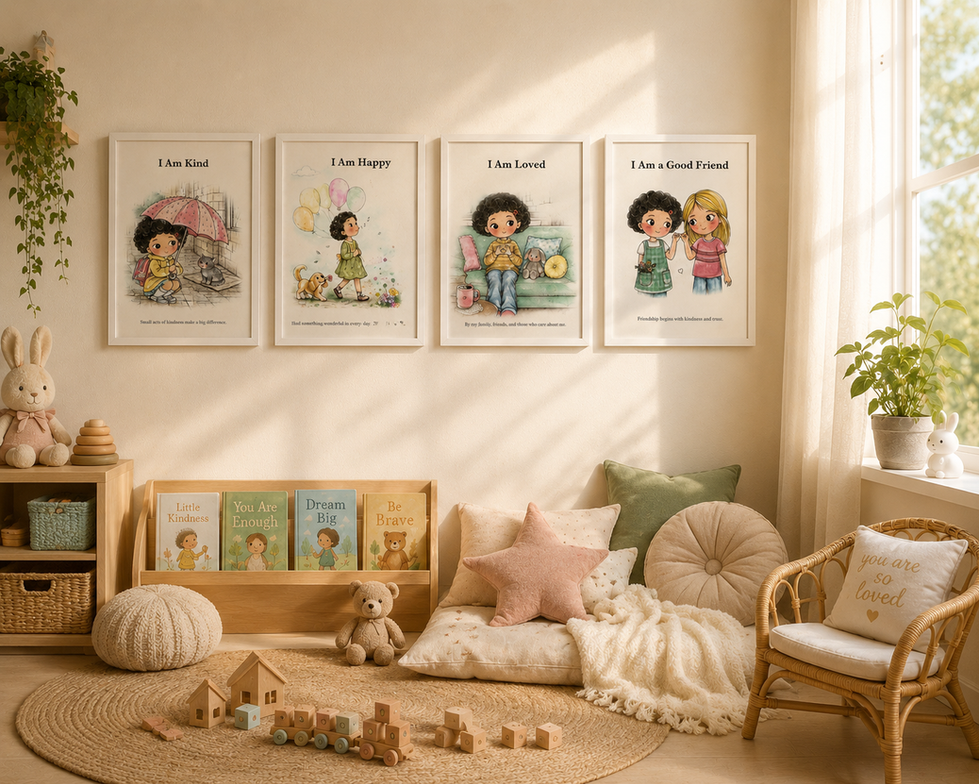 Little Curly affirmation prints displayed in a cozy nursery and children's room.