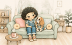 Little Curly and Sonny sitting together on a cosy sofa in a hand-drawn watercolour illustration, welcoming visitors to the Little Curly storybook world where friendship, kindness and little moments become big memories.