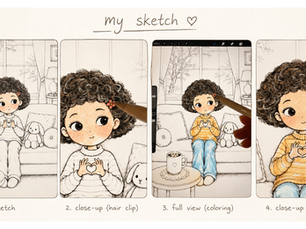 Little Curly sketchbook process showing a storybook illustration from sketch to finished artwork