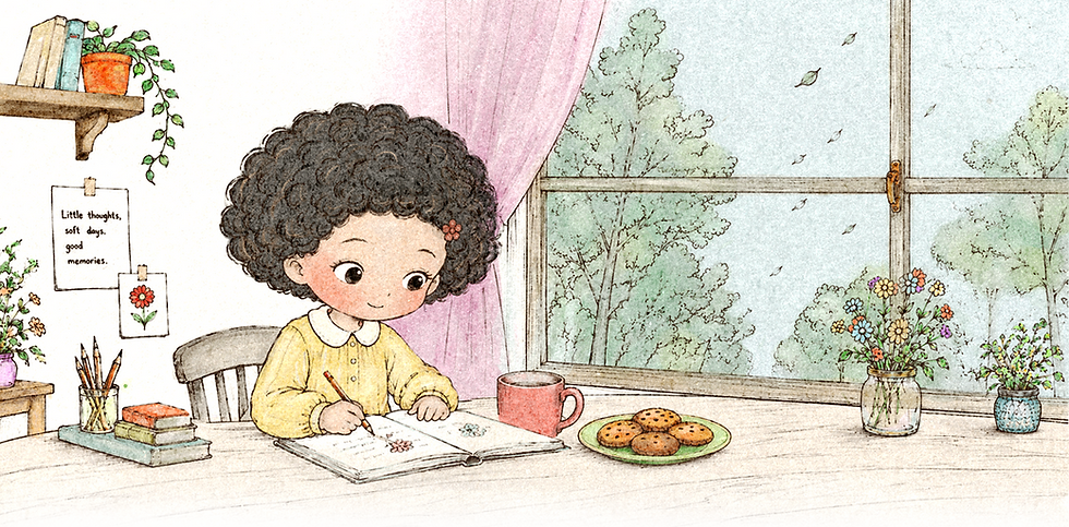 Little Curly writing in her illustrated daily diary beside a cozy window