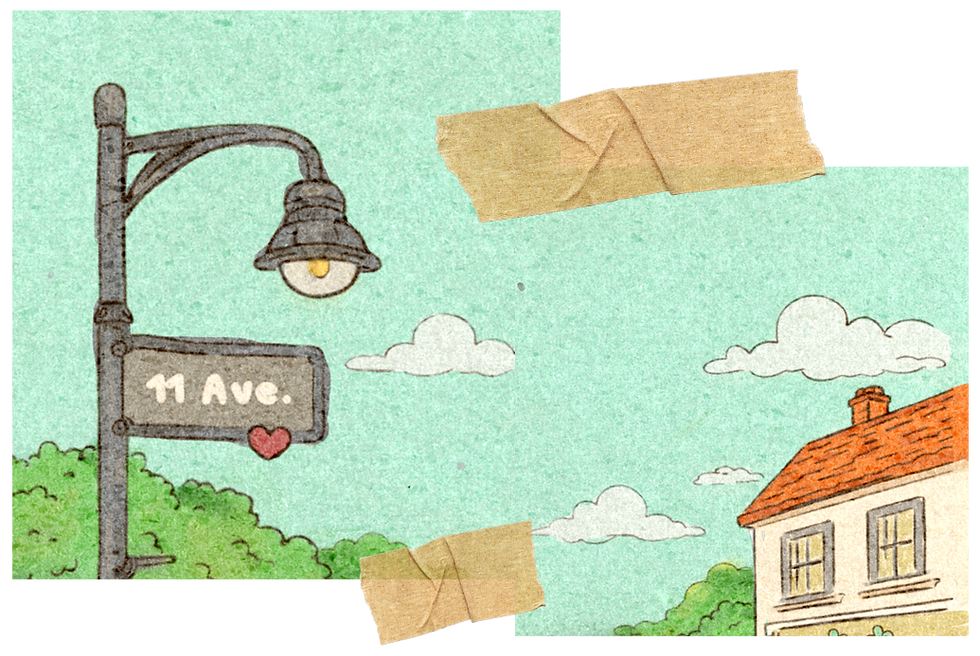 Soft storybook illustration of a quiet pastel street corner with trees, clouds, and a small heart street sign.