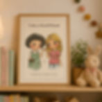 I Am a Good Friend affirmation print displayed on a nursery shelf featuring Little Curly and her friend Grace.