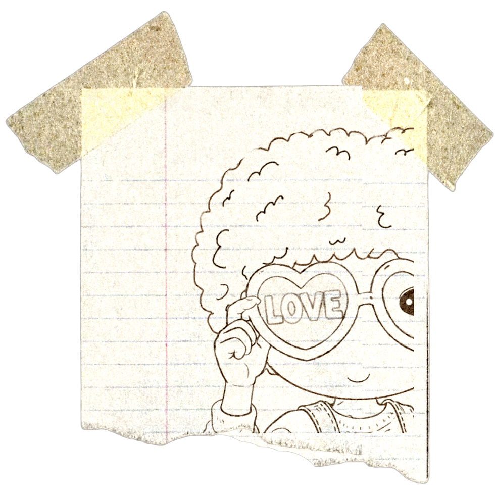 Hand-drawn notebook sketch of a child wearing heart-shaped glasses in a cozy illustrated scrapbook style.