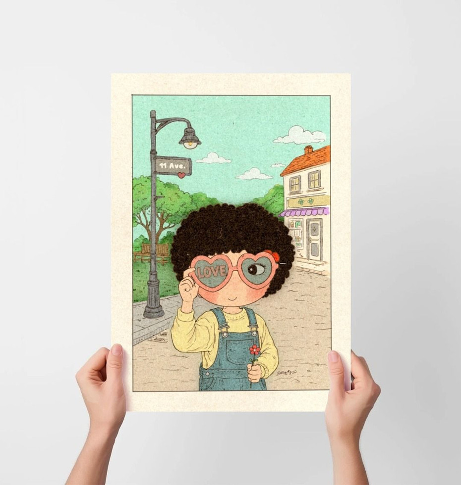 Close-up of Seeing Love children's illustration print held in hands, whimsical retro wall art by Little Curly