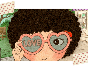 Scrapbook-style illustration of a little girl wearing heart-shaped love glasses in a whimsical pastel storybook street scene.