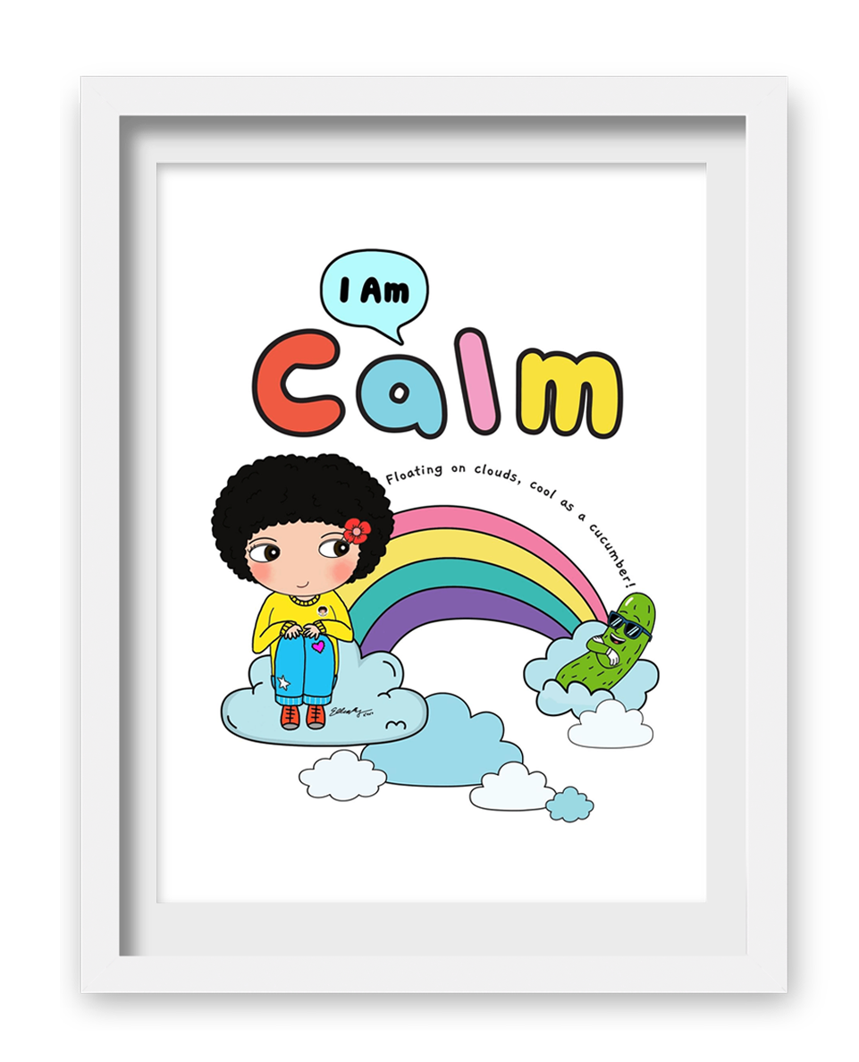 I Am Calm art print by Little Curly — colourful affirmation wall art featuring a child floating on clouds under a rainbow, inspiring peace and mindfulness for kids’ rooms.