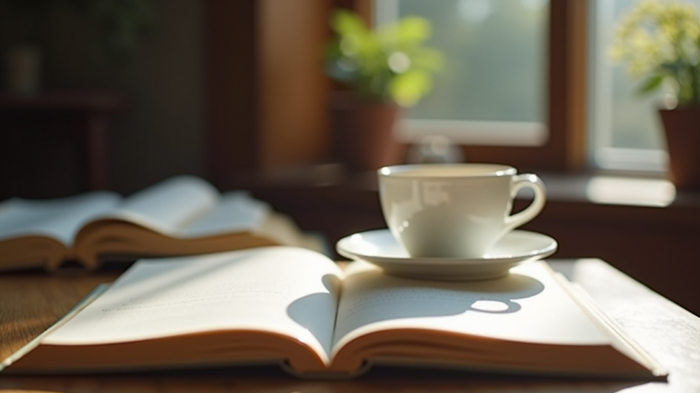 Eye-level view of an open journal and a cup of tea