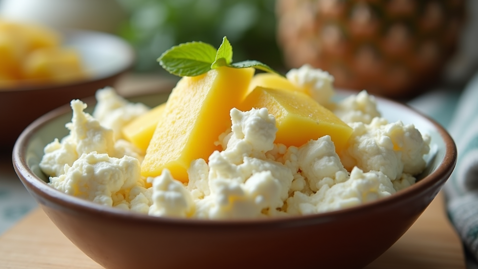 Eye-level view of a bowl filled with cottage cheese and pineapple
