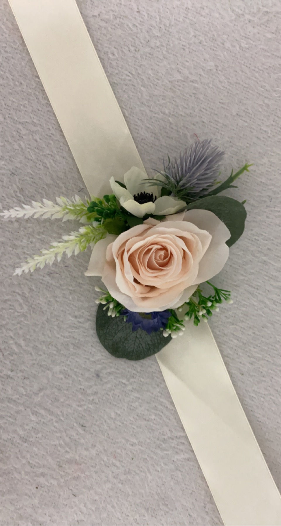 Thumbnail: Blush Pink & Dusky Blue Thistle Wrist Corsage