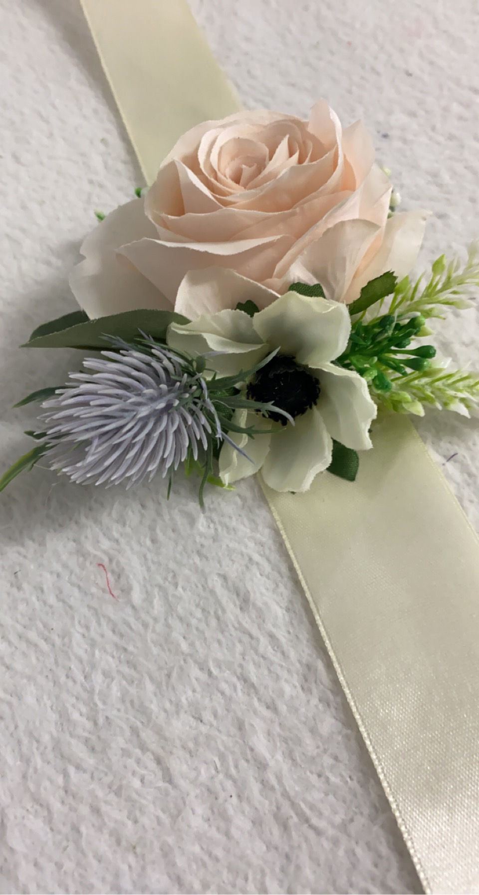 Thumbnail: Blush Pink & Dusky Blue Thistle Wrist Corsage