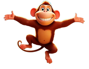 Cartoon monkey with open arms, smiling and jumping below the About section of Luna Moon Ray.
