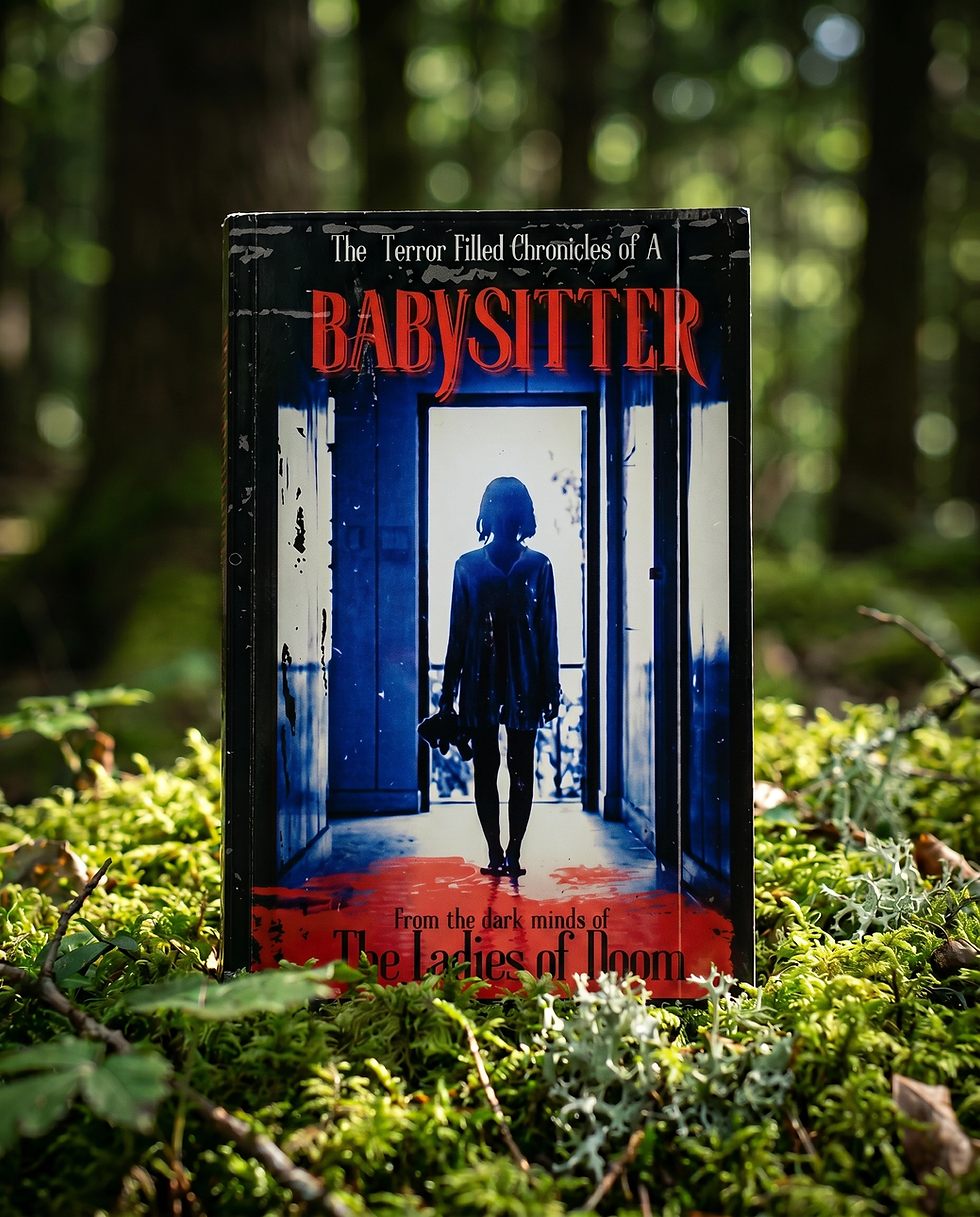 Book cover for The Terror Filled Chronicles of A Babysitter, a woman standing in silhouette of an open door. The book is situated on a forrest background.