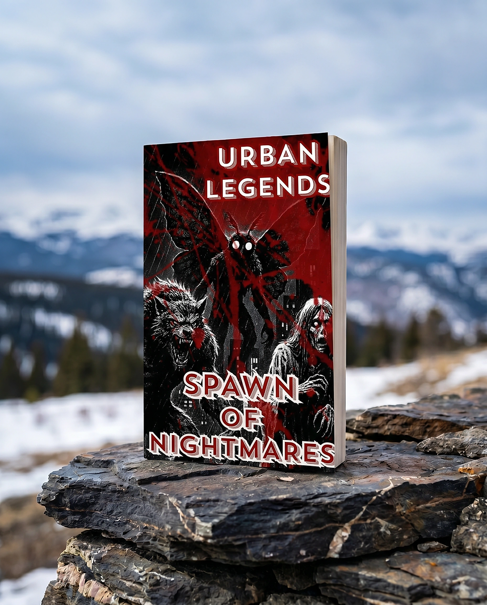 Book cover for Urban Legends, cryptids on the cover. The book is situated on a mountain background.