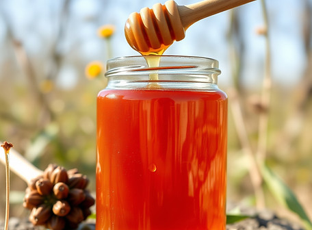 Organic honey in a glass jar with a honey scooper in nature.jpg