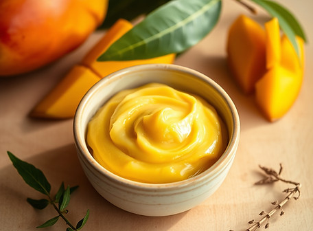 A warm, rustic skincare still-life of mango butter. Creamy mango butter in a simple cerami
