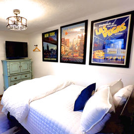The Crazy Train bedroom is adorned with charming train-themed decor and offers cozy bedding for a comfortable night's sleep. 