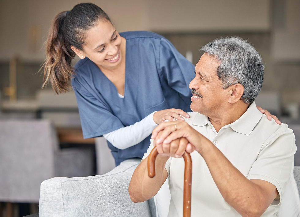 Nurse smiles while assisting senior man with cane About Us Three Nurses Home Health