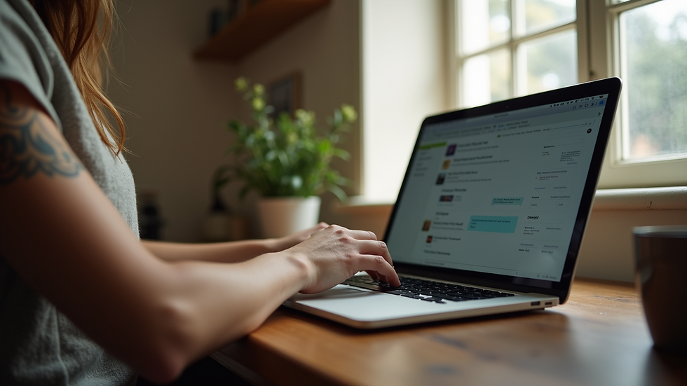 Eye-level view of a person working on a laptop in a cozy home office