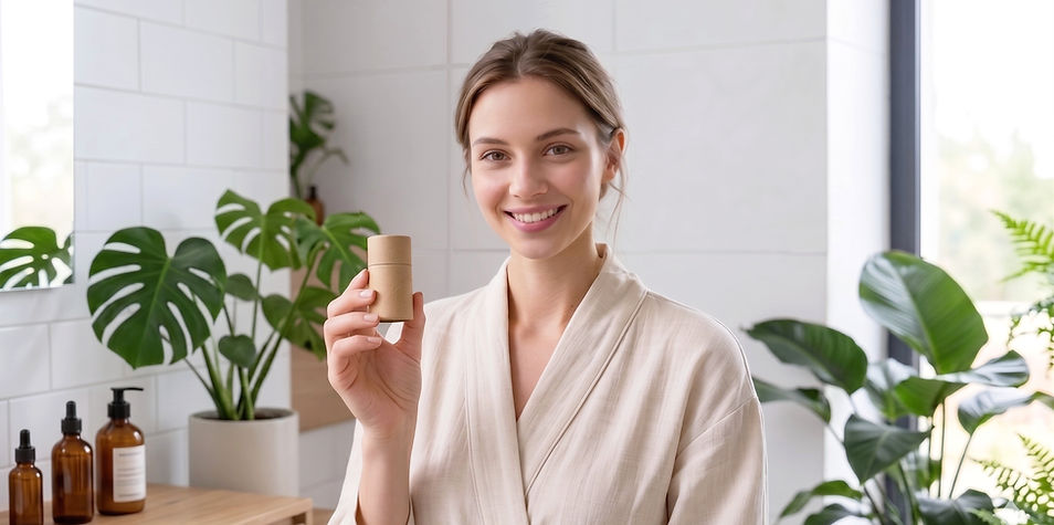 Portrait de Léa, ambassadrice Bambou Ecopack Origin, tenant un tube cosmétique format 50 ml en carton kraft dans une salle de bain minimaliste au décor naturel avec plantes vertes