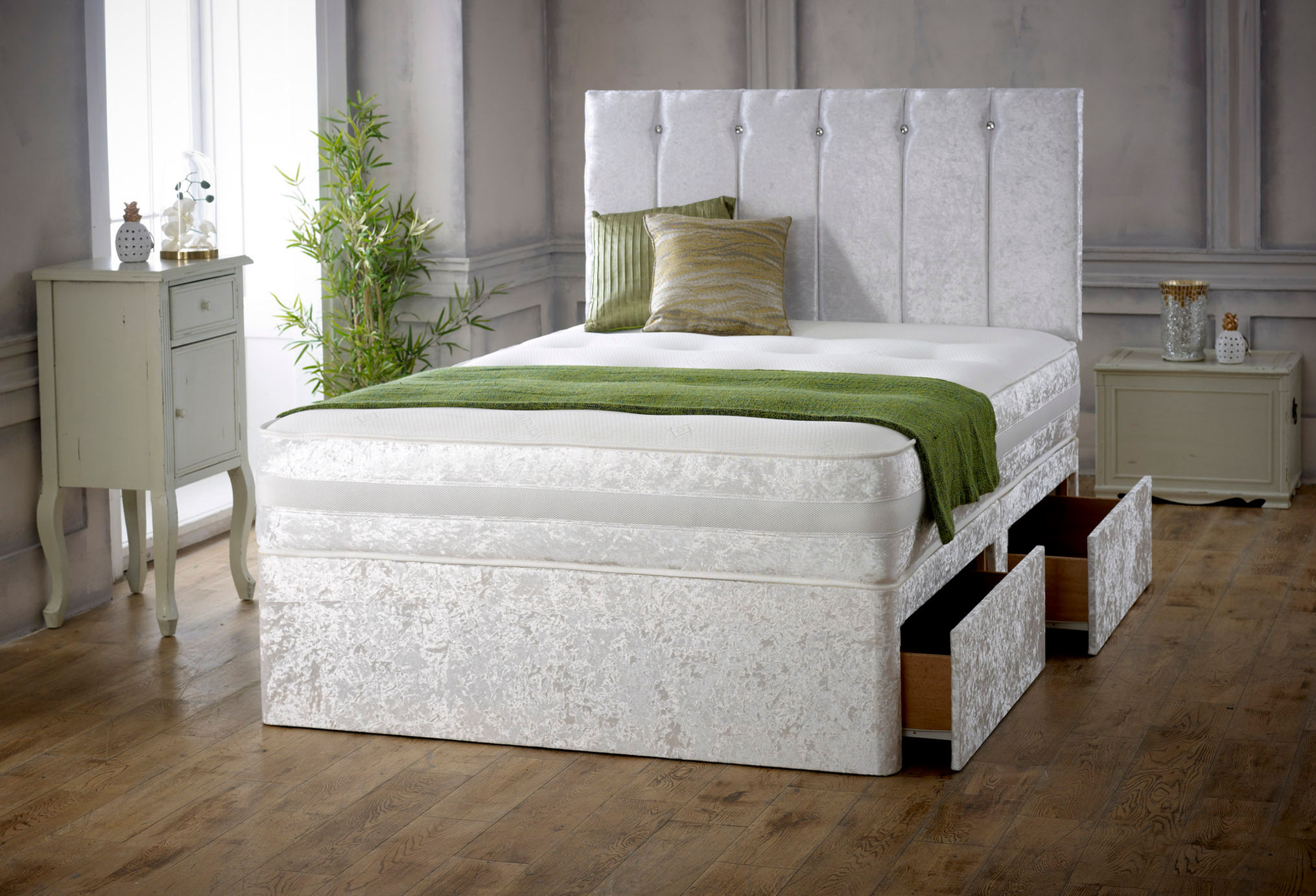 Crushed Velvet Divan Bed with Drawers florence headboard