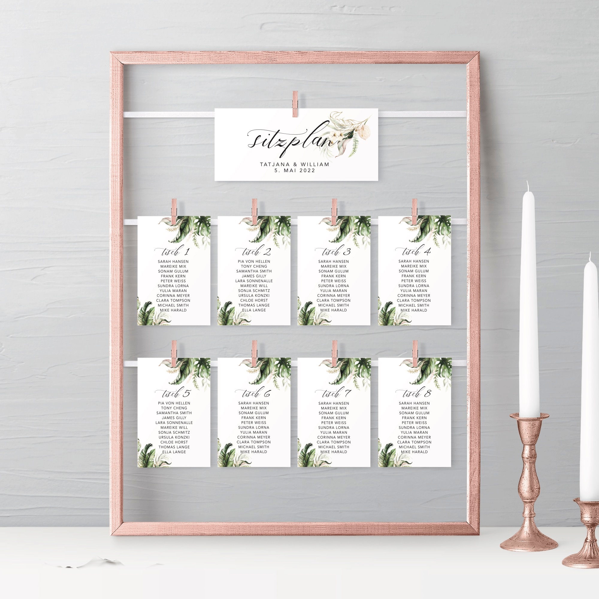 Sitzplan für Gäste Hochzeit Frühling, Namensplan tropisch